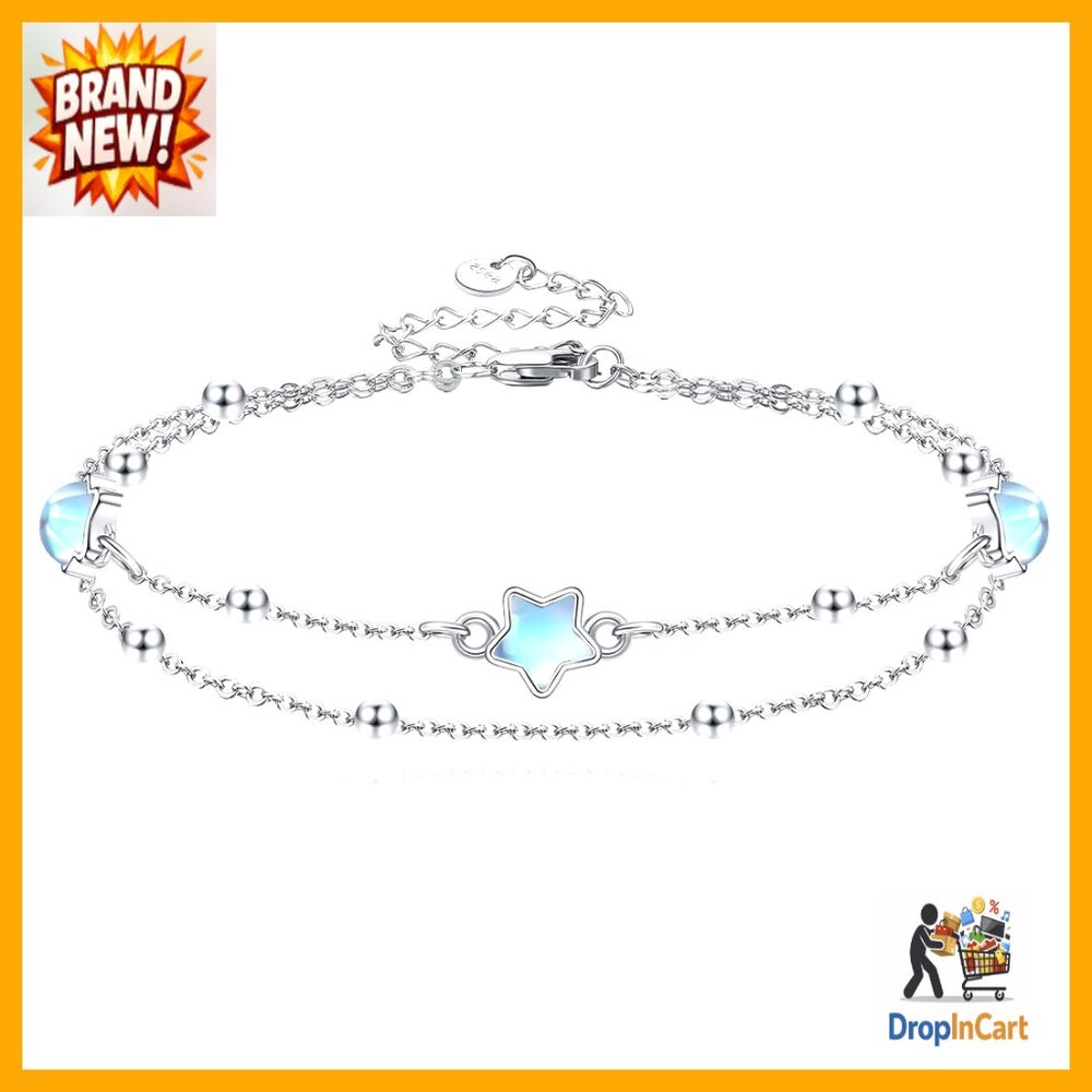 Sterling Silver Moonstone Star Anklet Layered Elegant Minimal Jewelry Gift